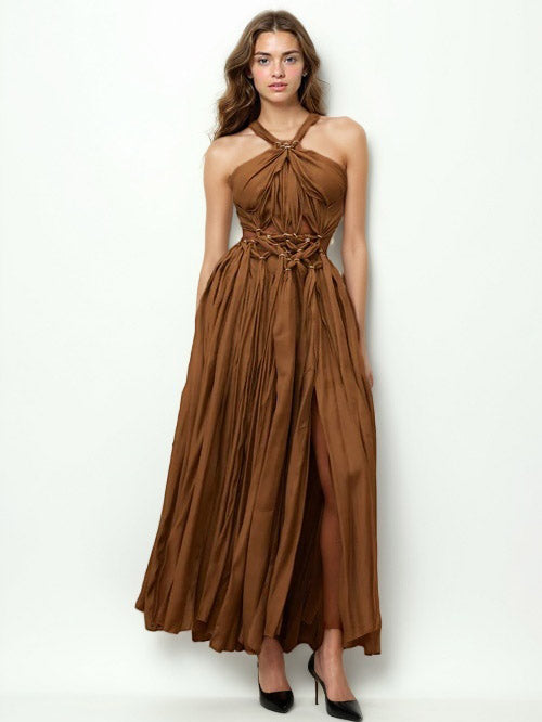 Solid Hanging Neck Long Dress