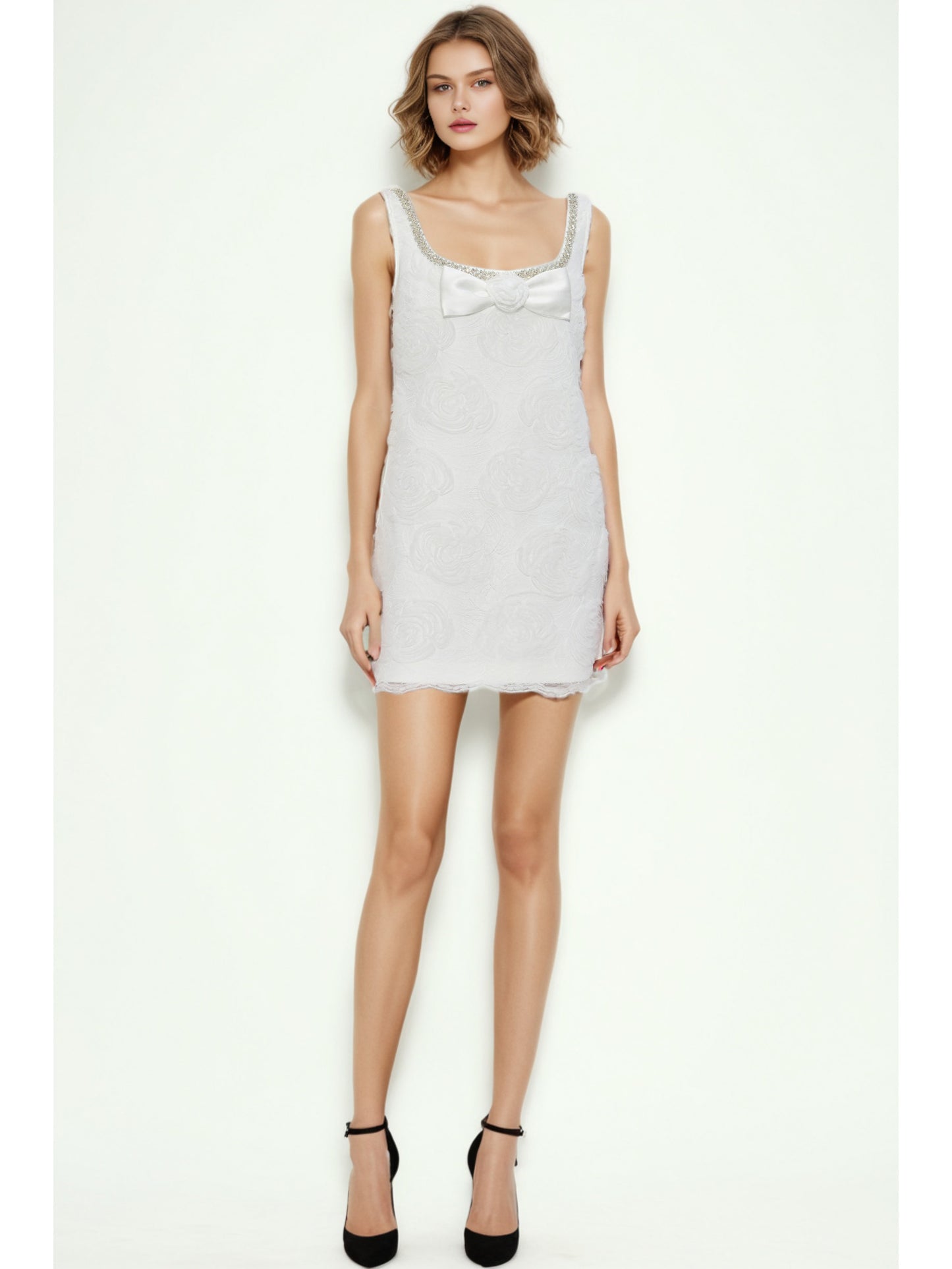 Square Collar Patchwork Diamonds Short Dress