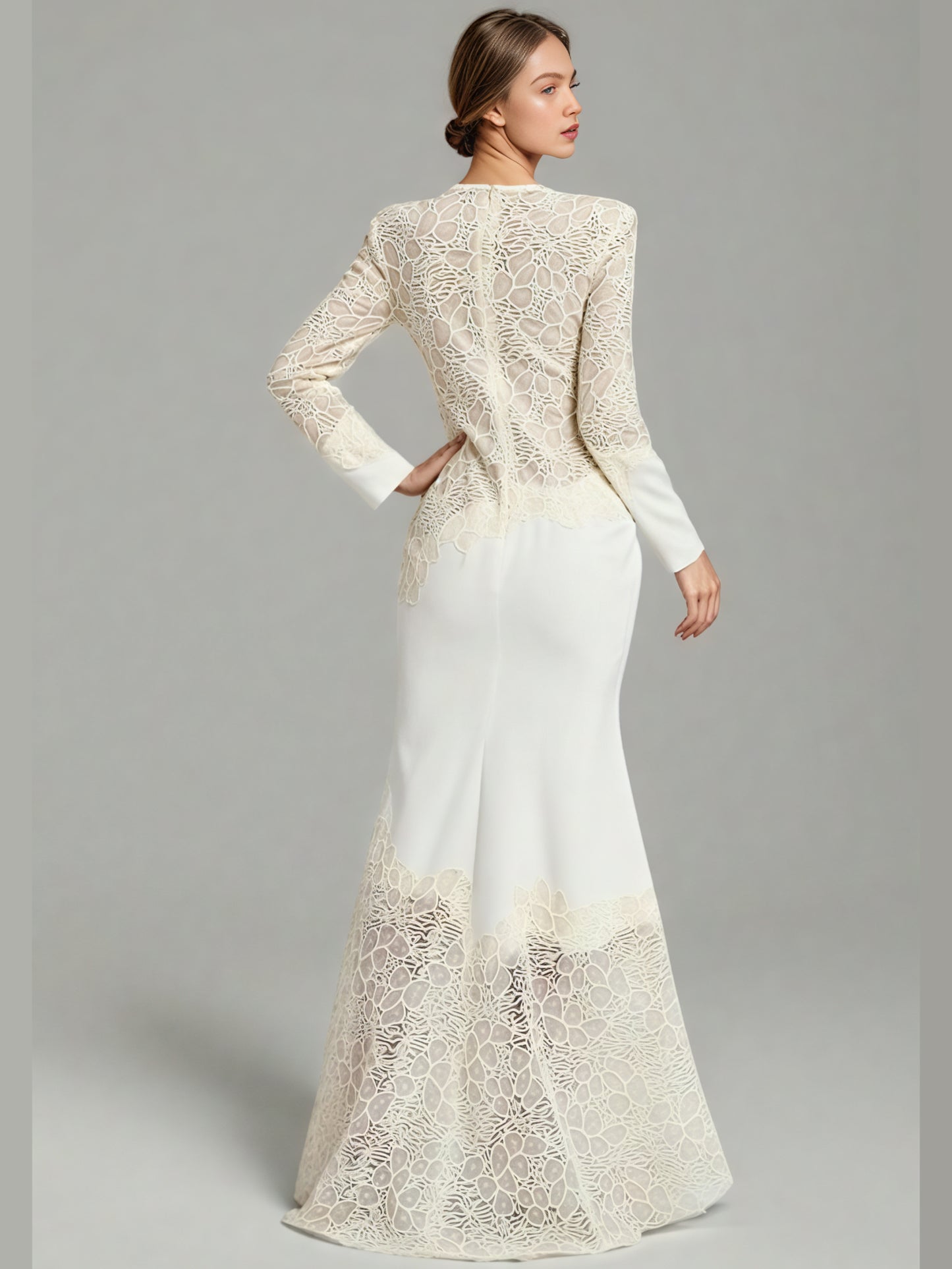 Elegant Cream Lace Long-Sleeve Maxi Dress