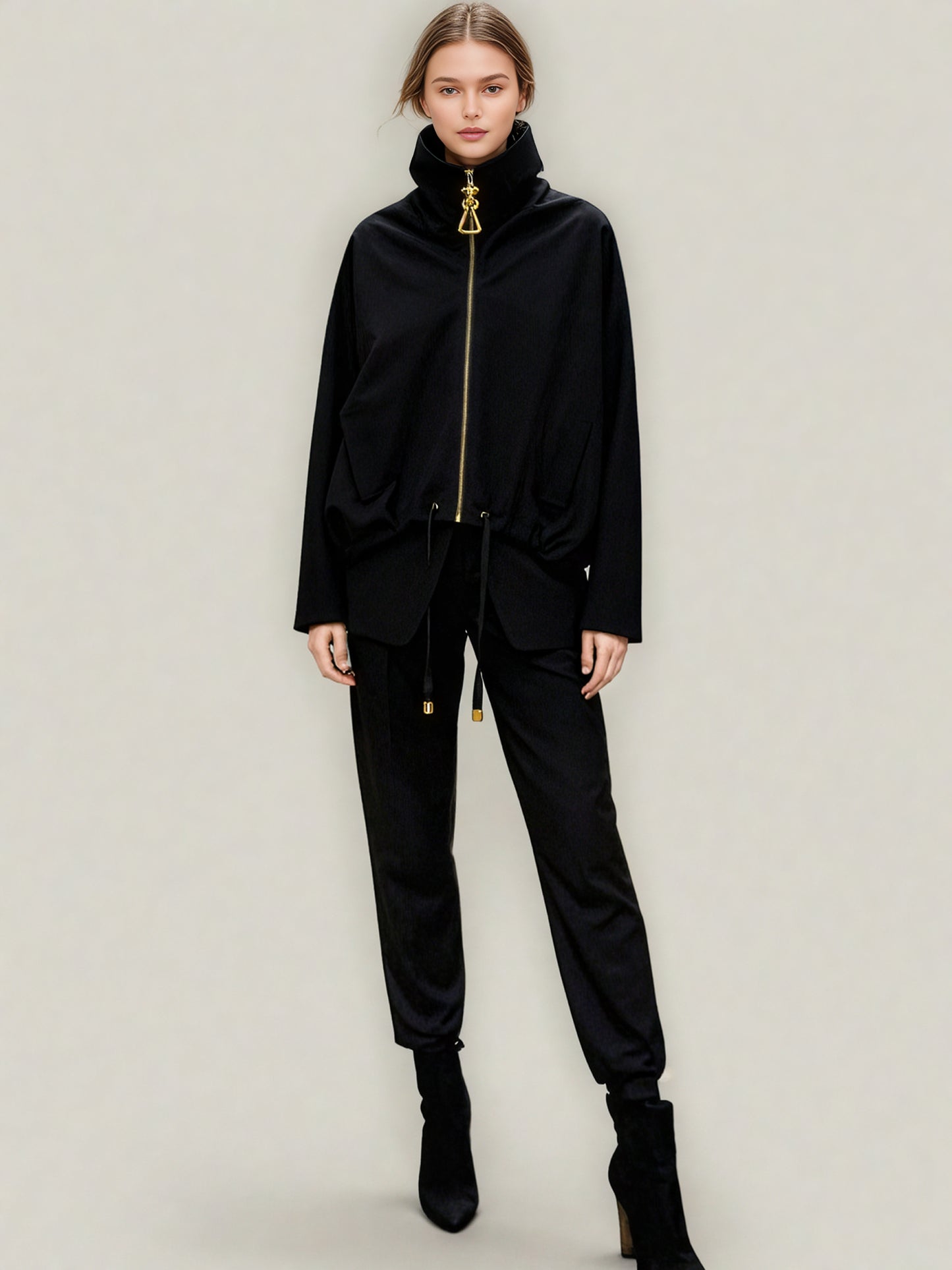 Chic Black Zip - Up Jacket with Gold Hardware