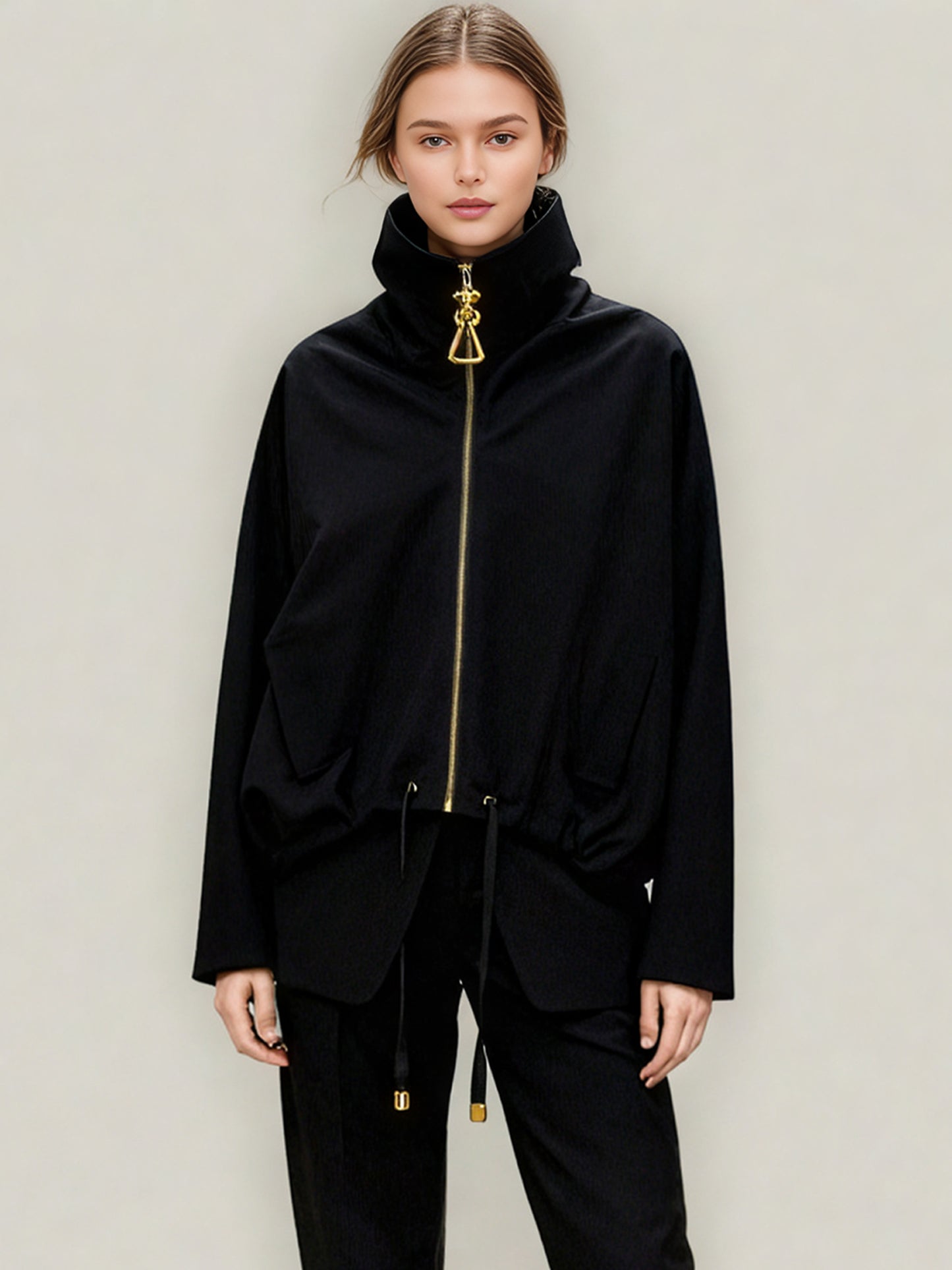 Chic Black Zip - Up Jacket with Gold Hardware