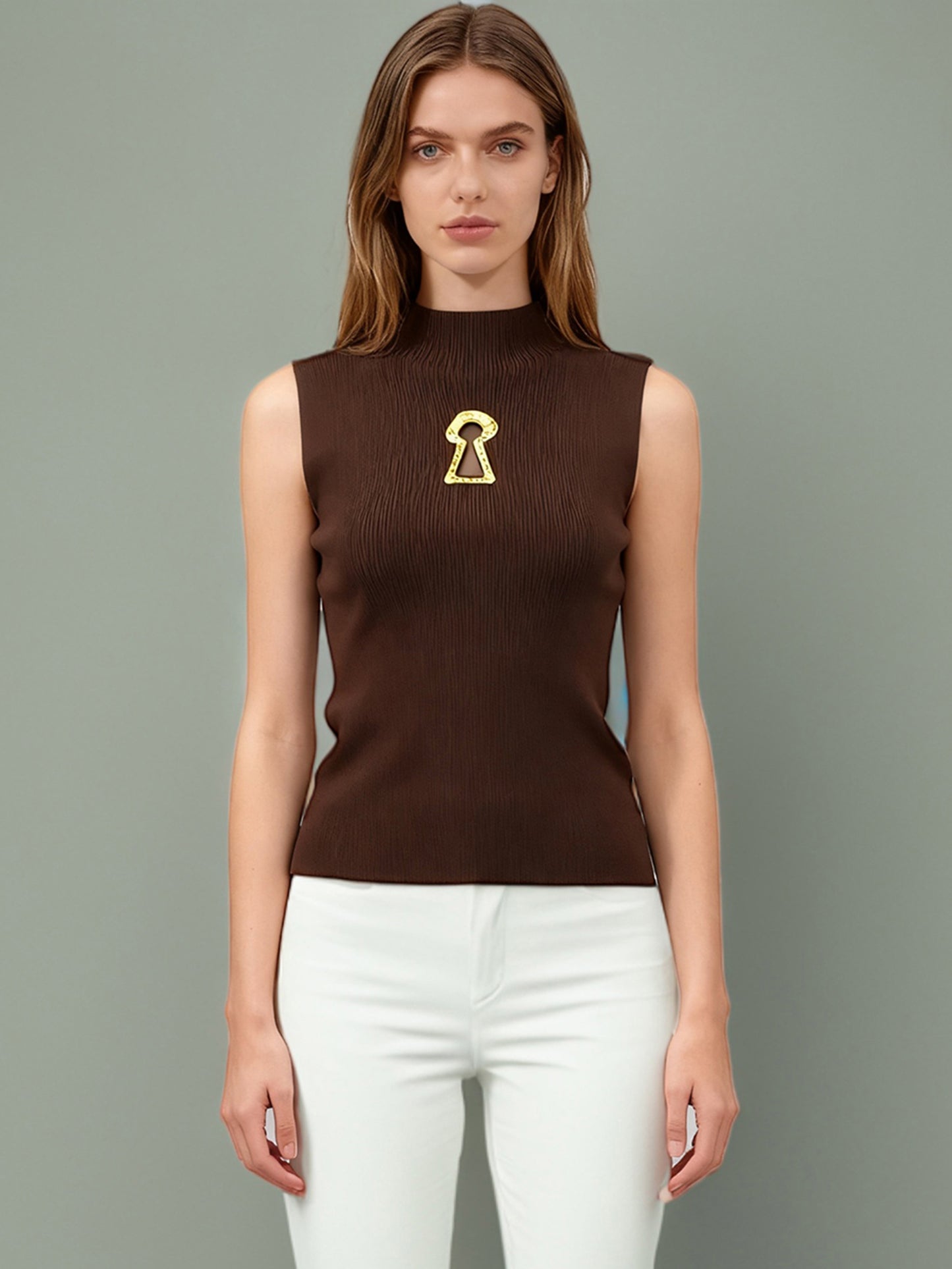 Chic Coffee Sleeveless Top with Gold Keyhole Accent