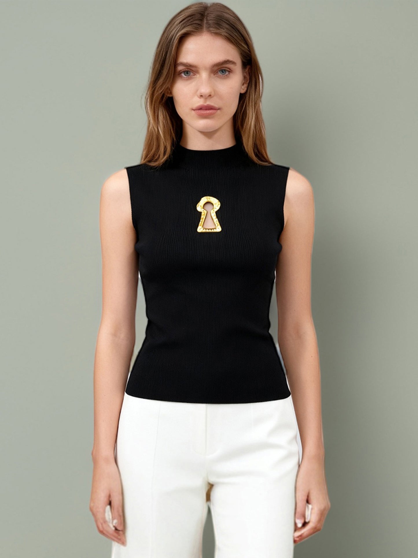 Stylish Black Sleeveless Top with Gold Keyhole Embellishment