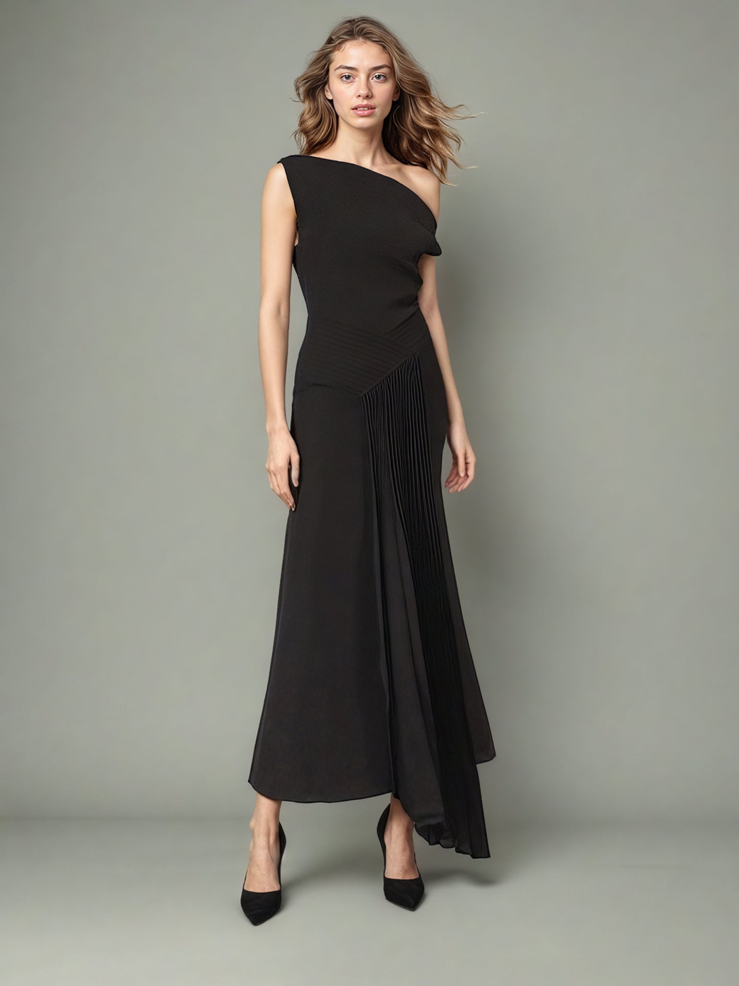 Glamorous One - Shoulder Pleated Black Maxi Dress