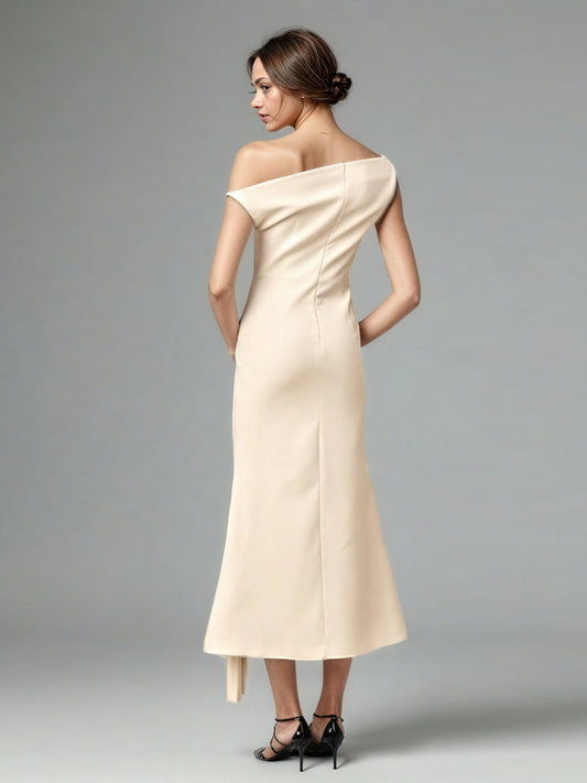 Elegant One - Shoulder Pleated Midi Dress in Cream