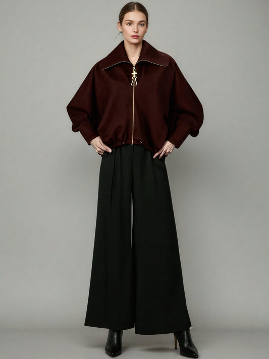 Chic Coffee Zip - Up Jacket with Gold Hardware