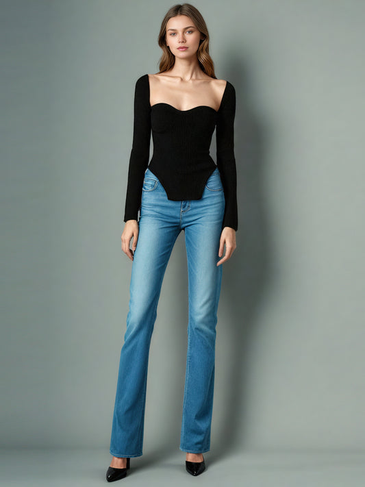 Chic Black Sweetheart Neckline Long - Sleeve Top.