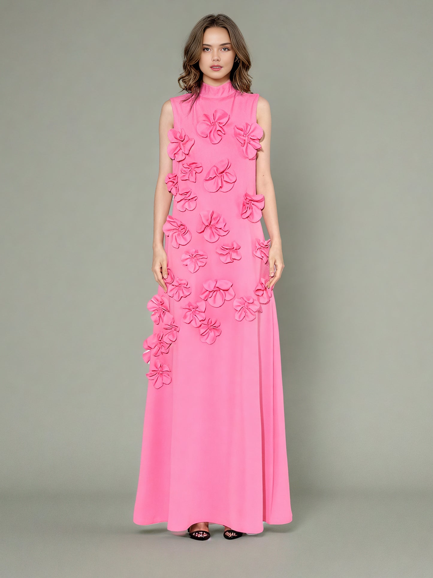 Glamorous Pink Maxi Dress with 3D Floral Appliqués