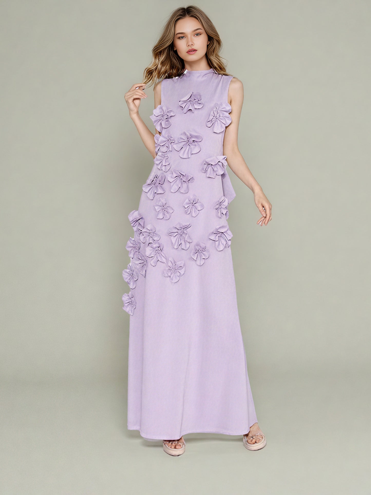Elegant Lavender Maxi Dress with 3D Floral Appliqués