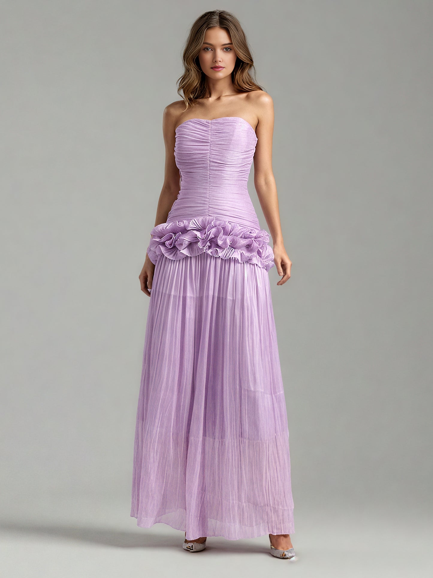 Elegant Lavender Strapless Maxi Dress with Ruffled Detail