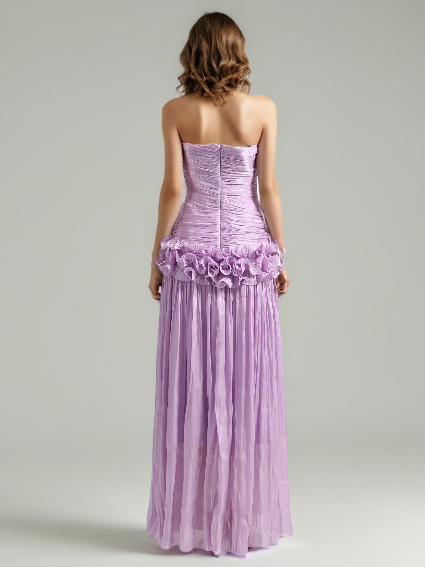 Elegant Lavender Strapless Maxi Dress with Ruffled Detail