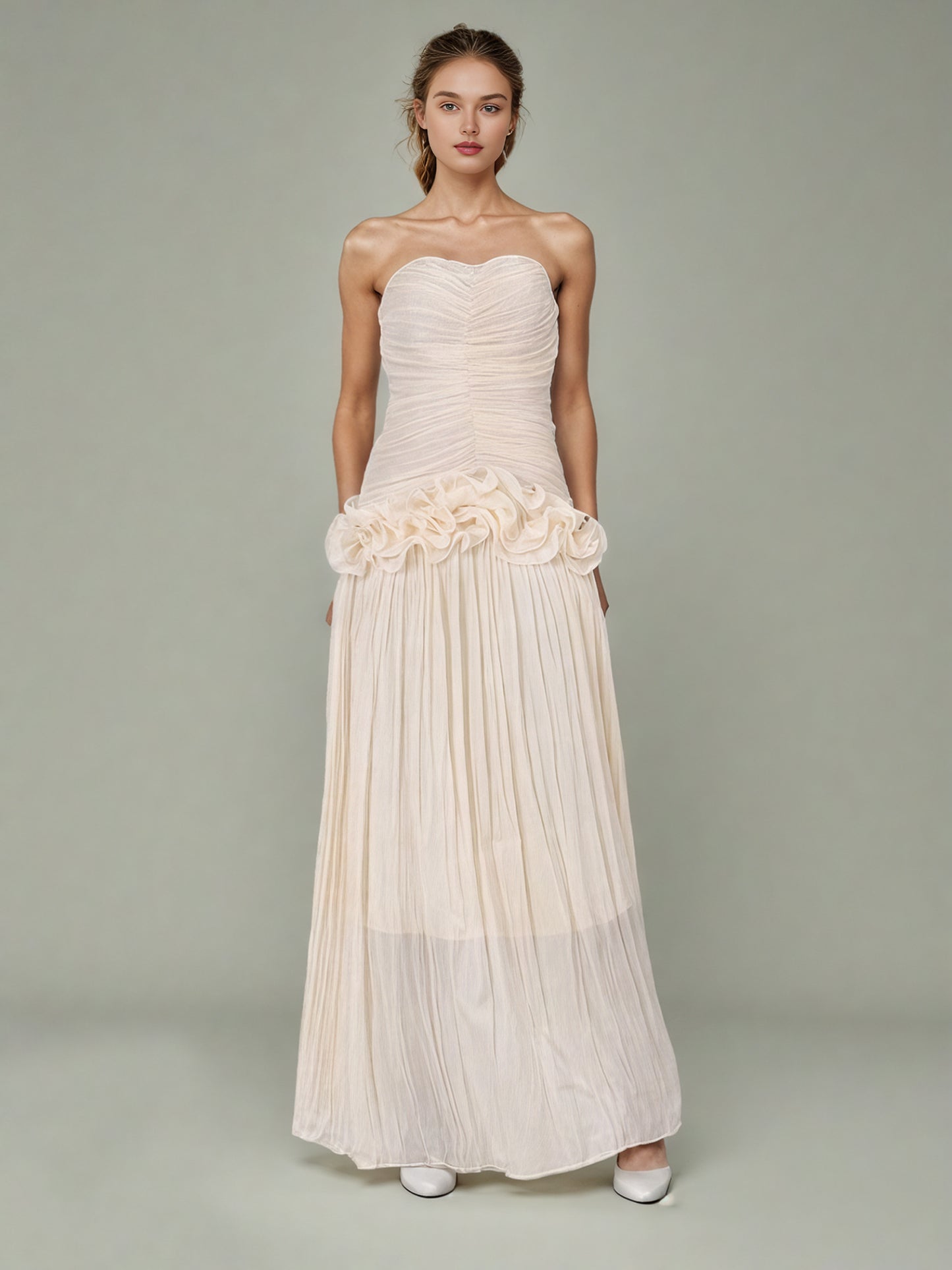 Elegant Apricot Strapless Maxi Dress with Ruffled Detail