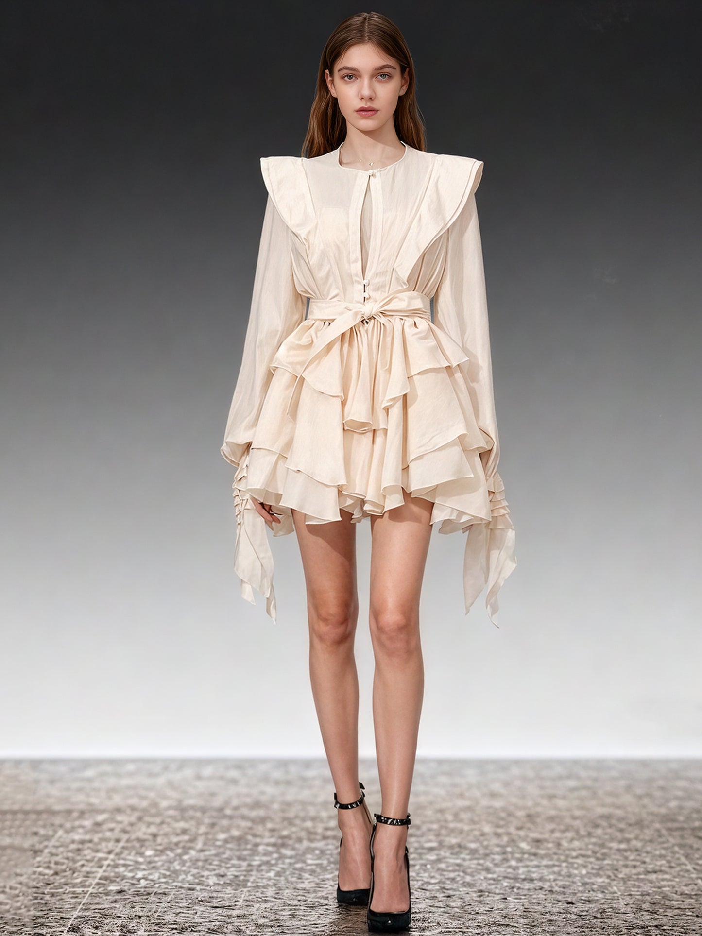 Romantic Apricot Ruffled Tiered Mini Dress with Belt