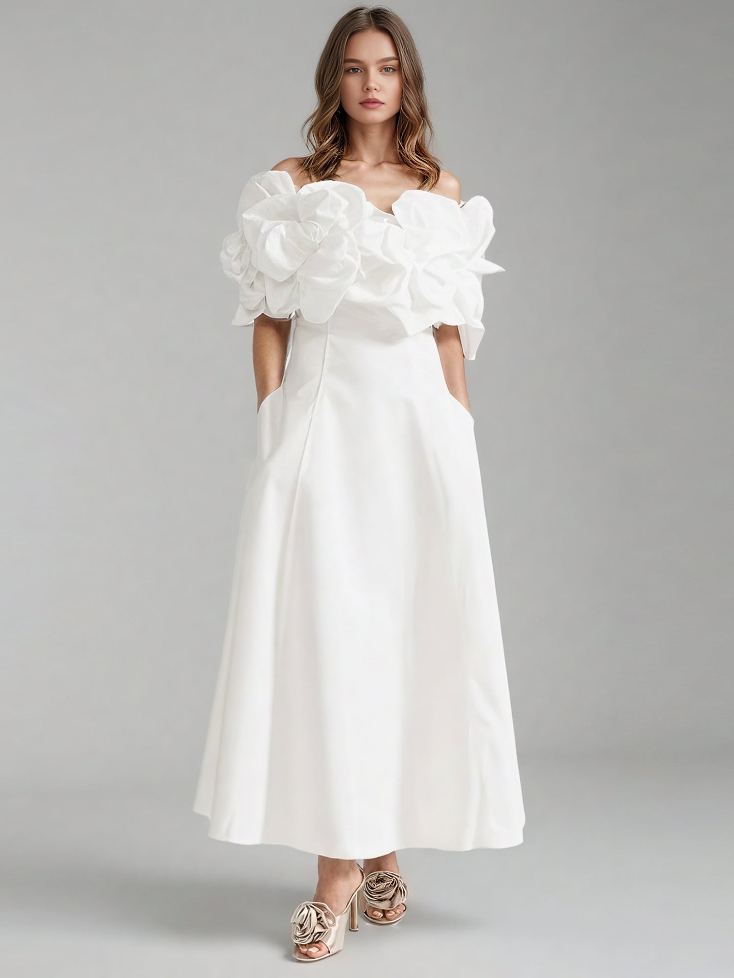 Elegant White Off - Shoulder Floral Applique Maxi Dress.