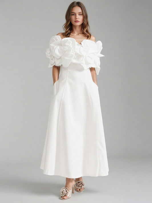 Elegant White Off - Shoulder Floral Applique Maxi Dress.