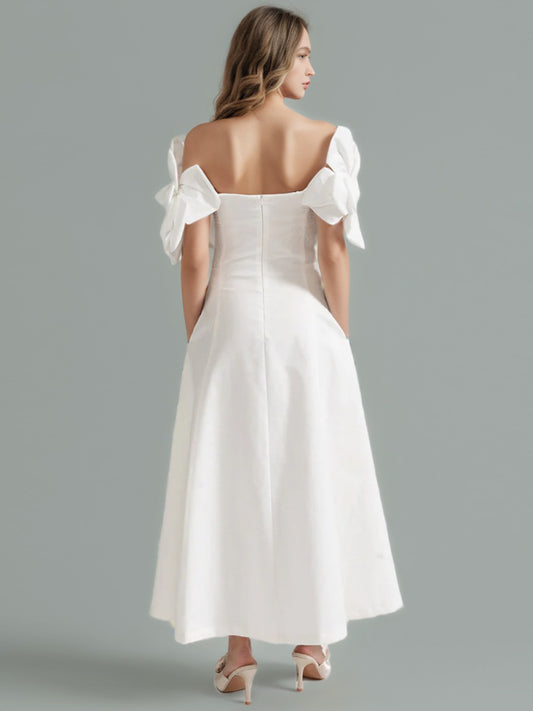 Elegant White Off - Shoulder Floral Applique Maxi Dress.