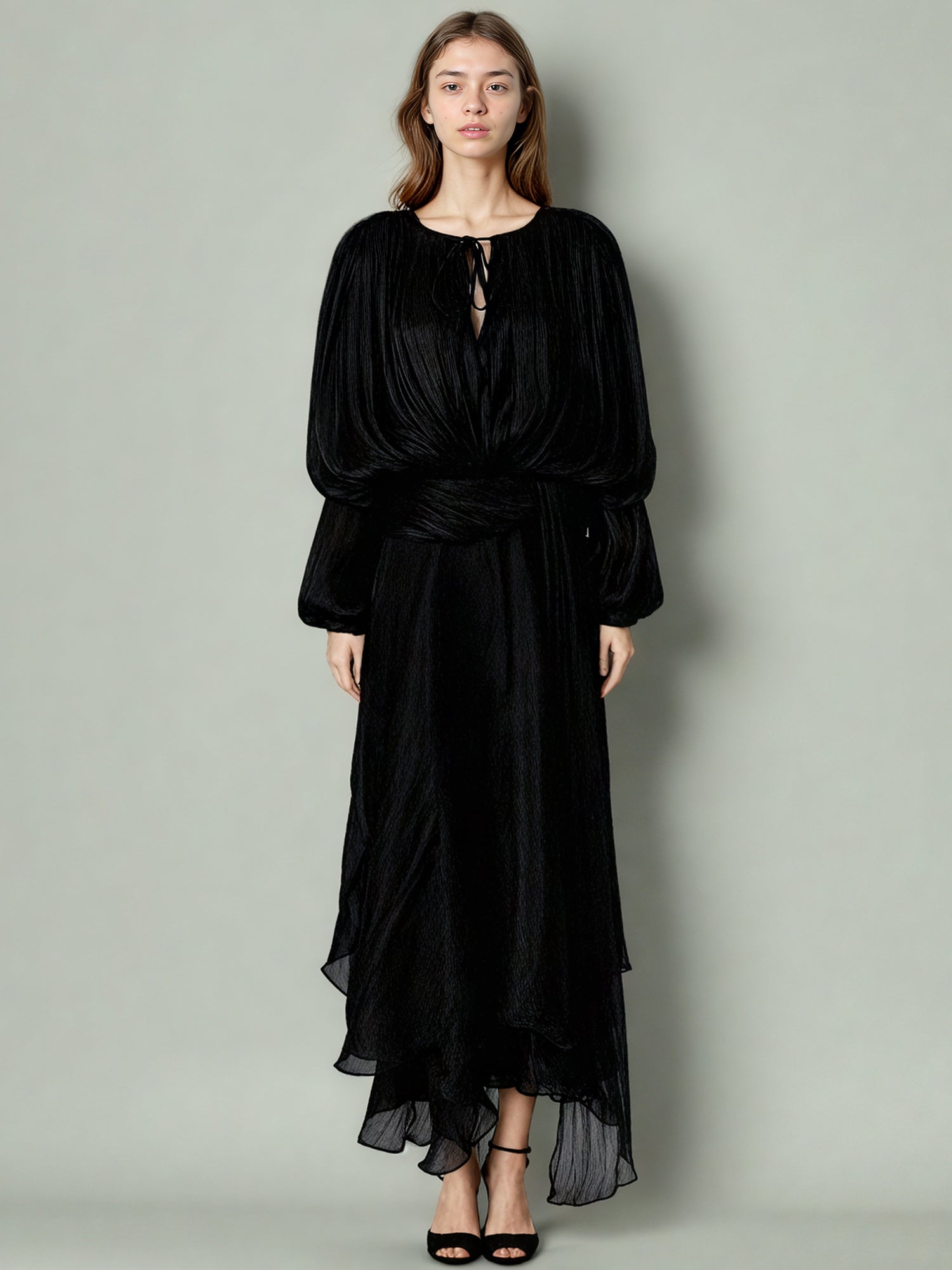 Gothic - Elegant Black Pleated Maxi Dress with Tie Neck and Sash.