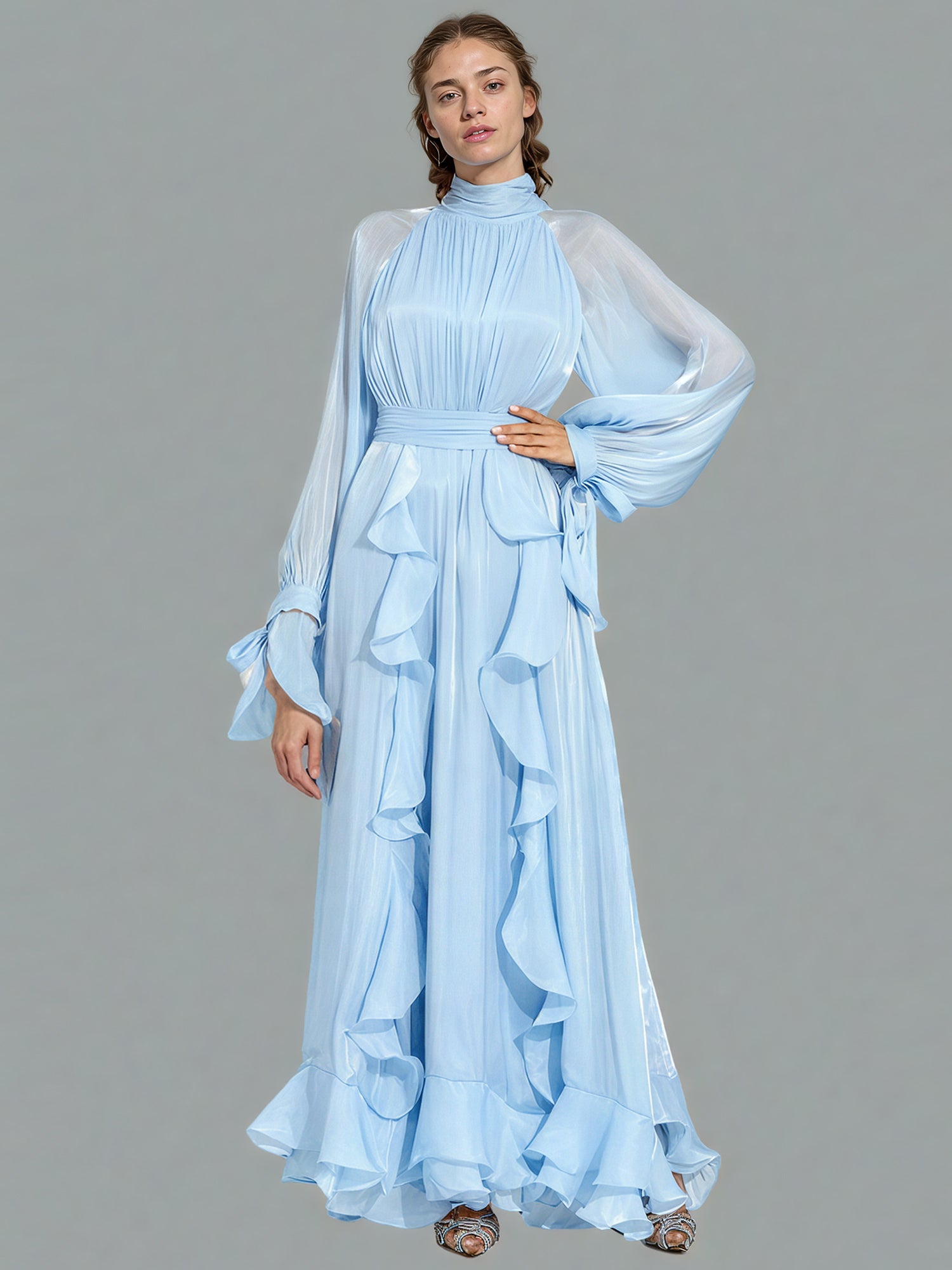 Ethereal Light Blue Ruffled Maxi Dress with Tie Cuffs.