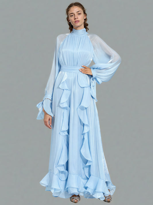 Ethereal Light Blue Ruffled Maxi Dress with Tie Cuffs.