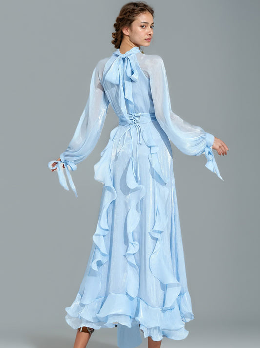 Ethereal Light Blue Ruffled Maxi Dress with Tie Cuffs.