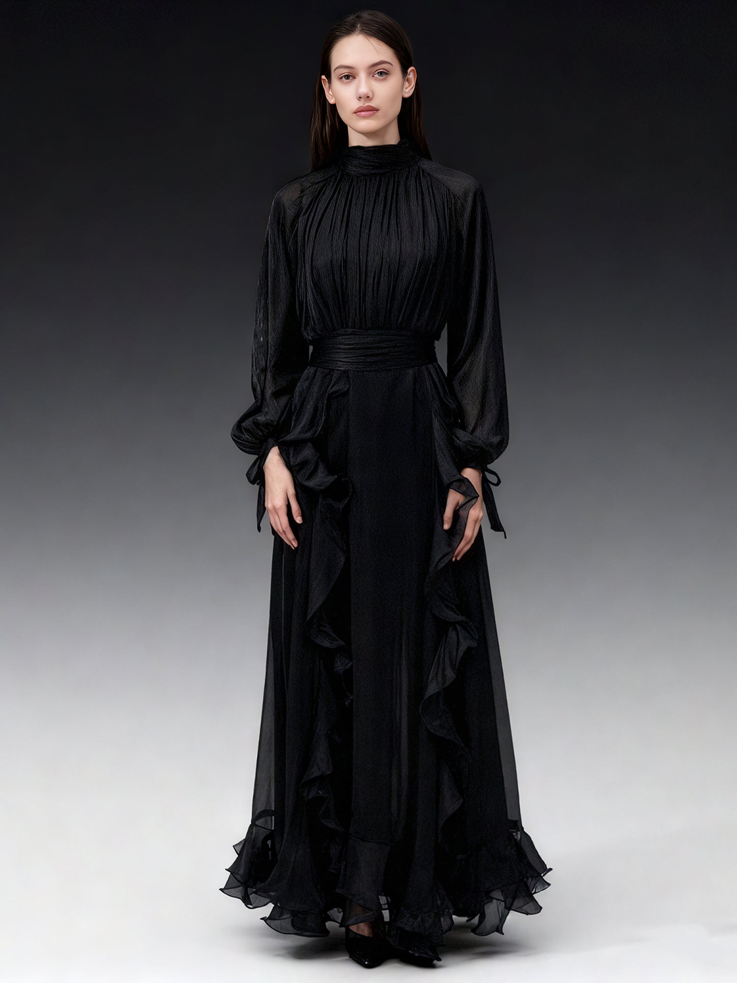 Gothic - Glam Black Ruffled Maxi Dress with Tie Cuffs and High Neck.