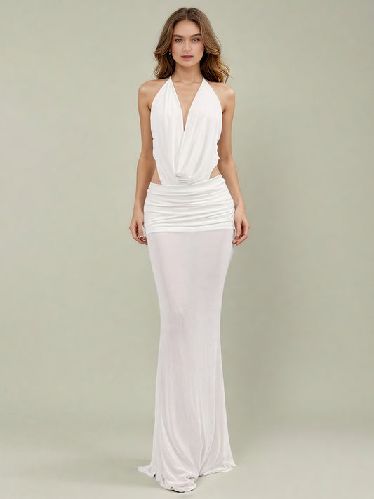 Elegant White Halter Neck Draped Maxi Dress.