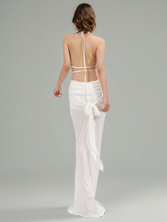Elegant White Halter Neck Draped Maxi Dress.