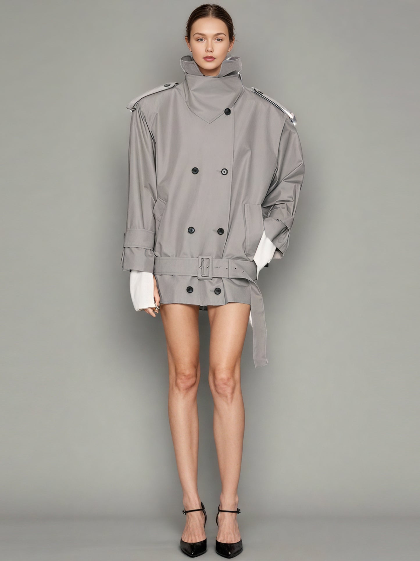 Modern Gray Double - Breasted Trench Coat with Belt.