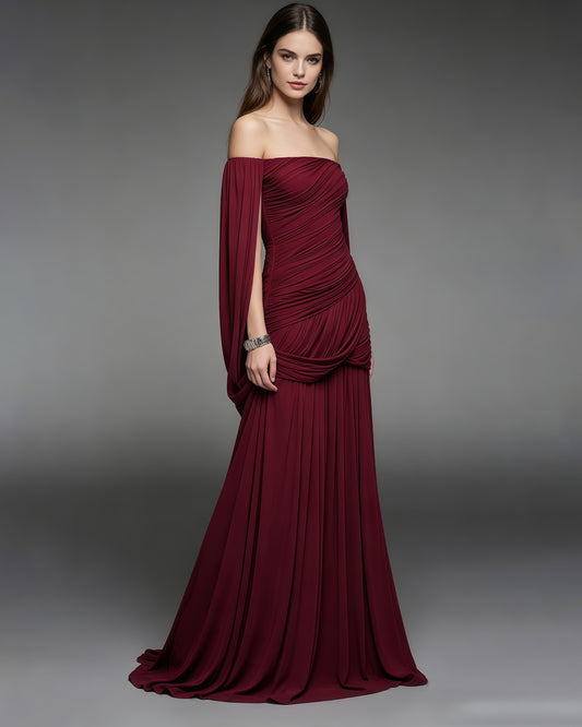 Burgundy Off-the-Shoulder Ruched Maxi Dress