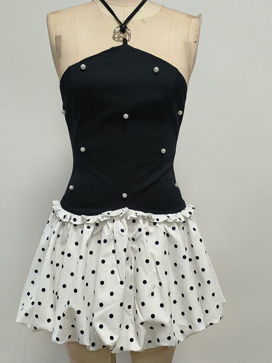 Hit Color Patchwork Pearls Short Dress