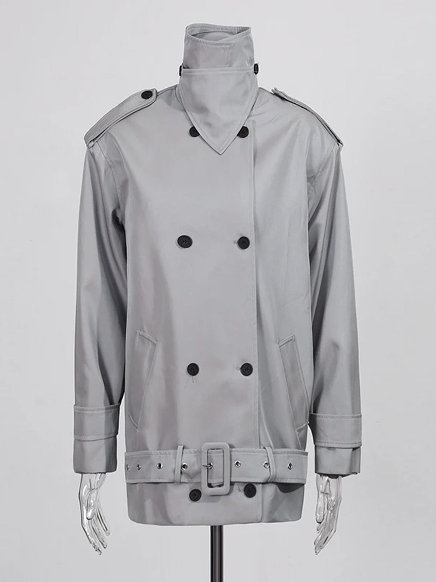 Modern Gray Double - Breasted Trench Coat with Belt.
