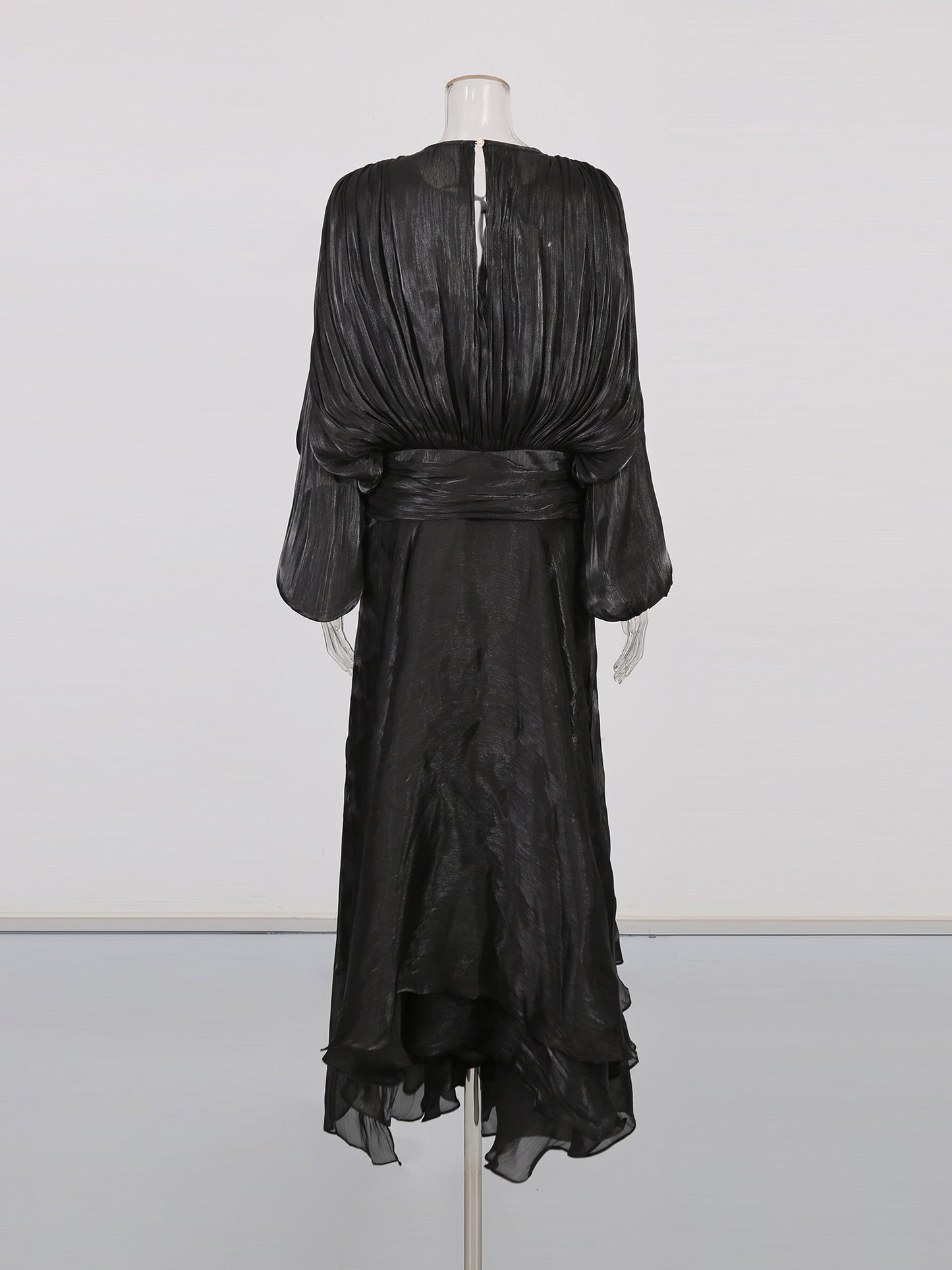 Gothic - Elegant Black Pleated Maxi Dress with Tie Neck and Sash.