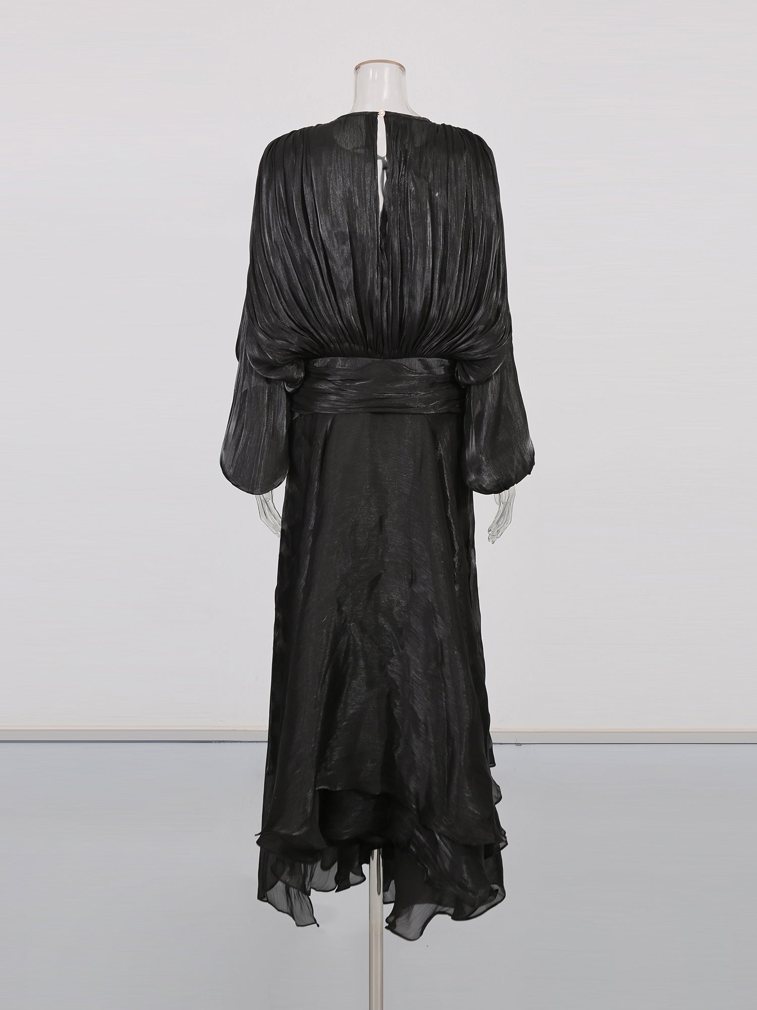 Gothic - Elegant Black Pleated Maxi Dress with Tie Neck and Sash.