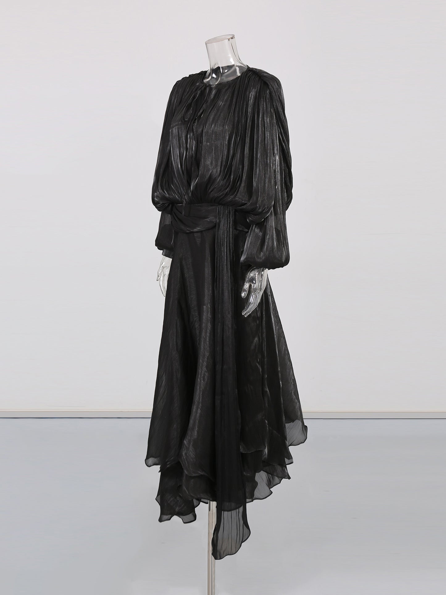 Gothic - Elegant Black Pleated Maxi Dress with Tie Neck and Sash.