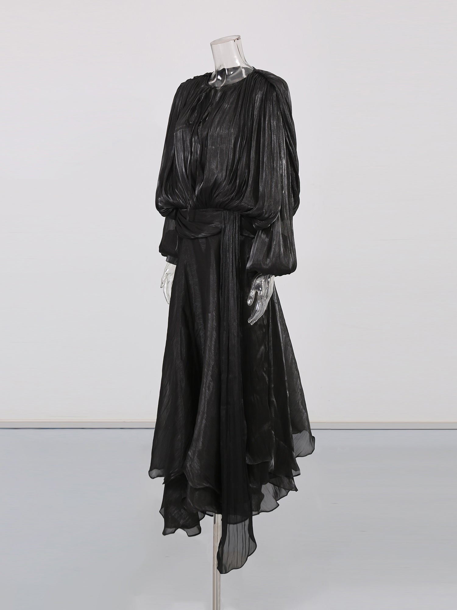 Gothic - Elegant Black Pleated Maxi Dress with Tie Neck and Sash.