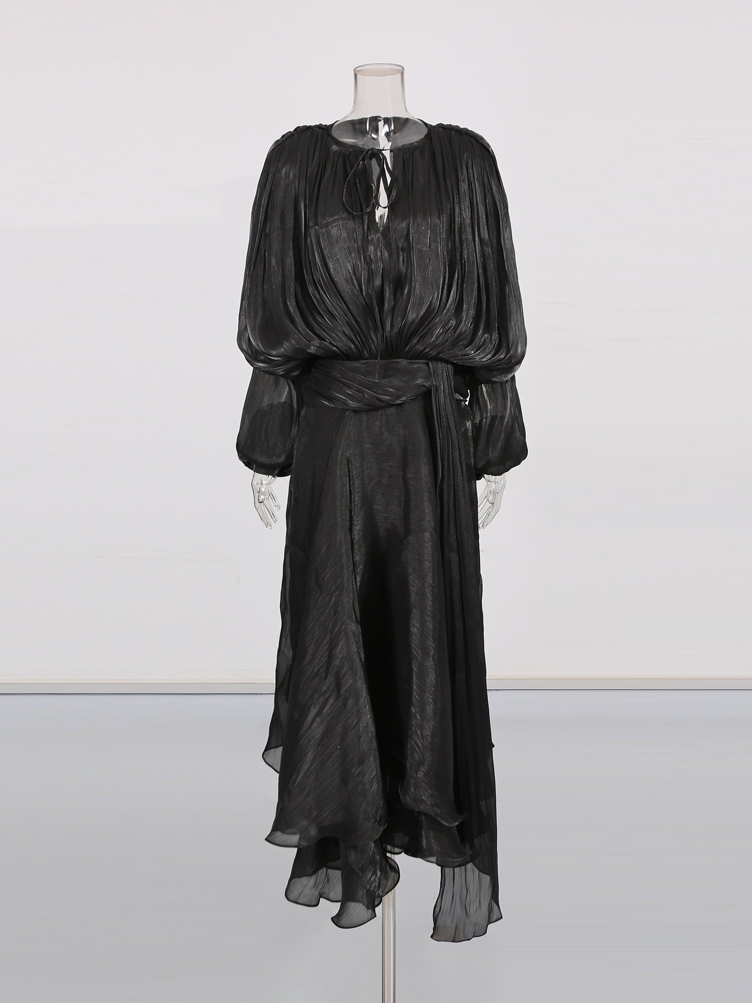 Gothic - Elegant Black Pleated Maxi Dress with Tie Neck and Sash.