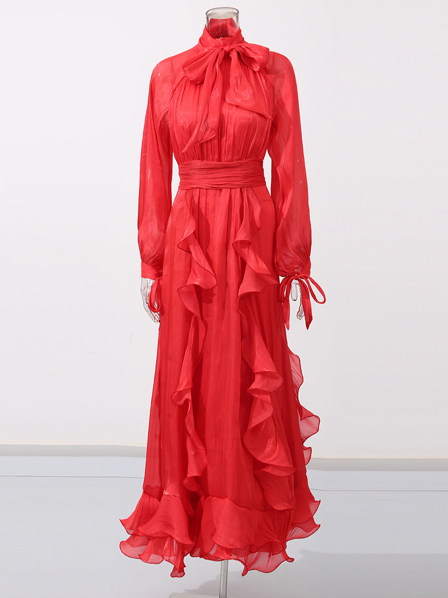 Solid Patchwork Ruffles Long Dress