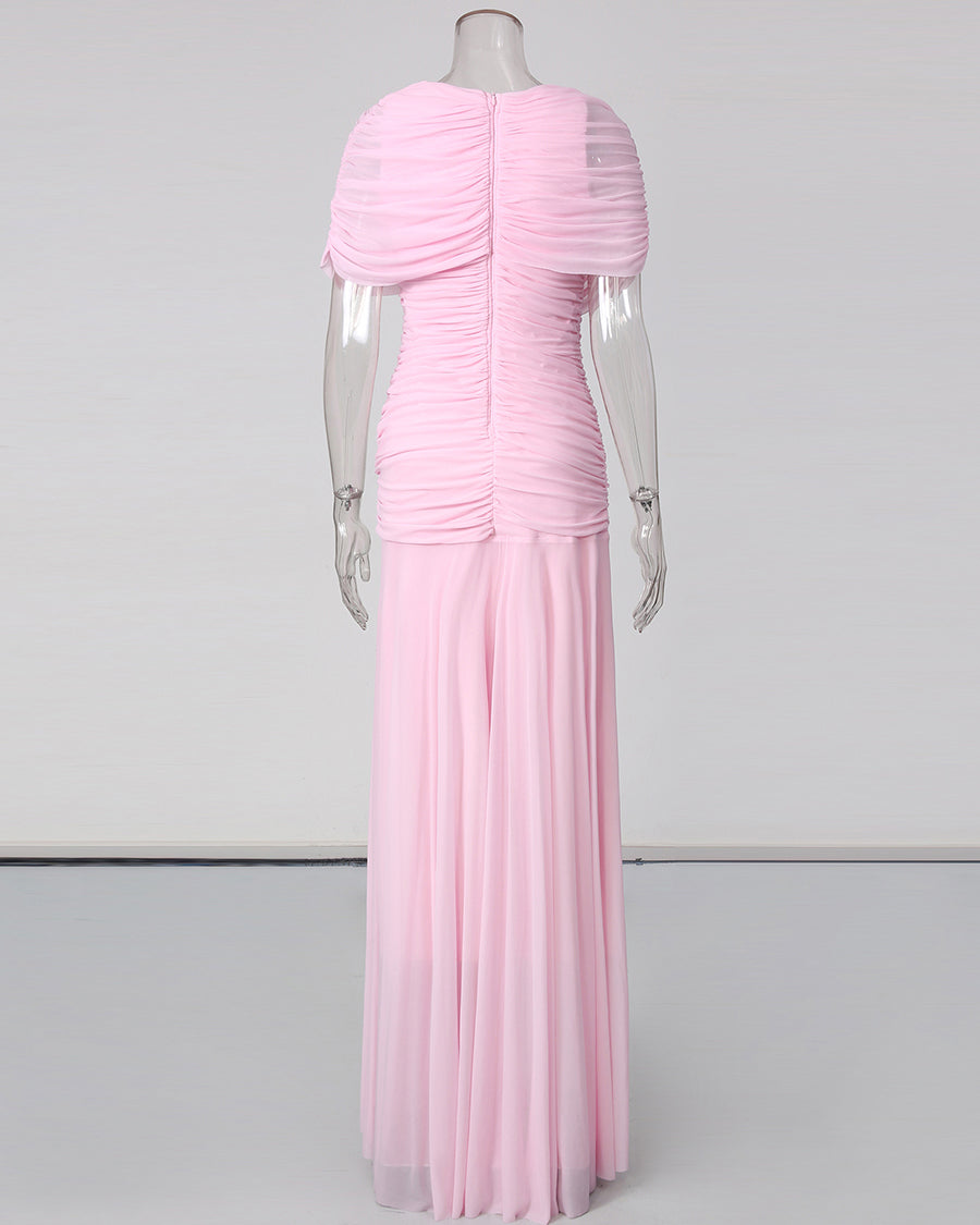 Pink Ruched Waist Draped Maxi Dress