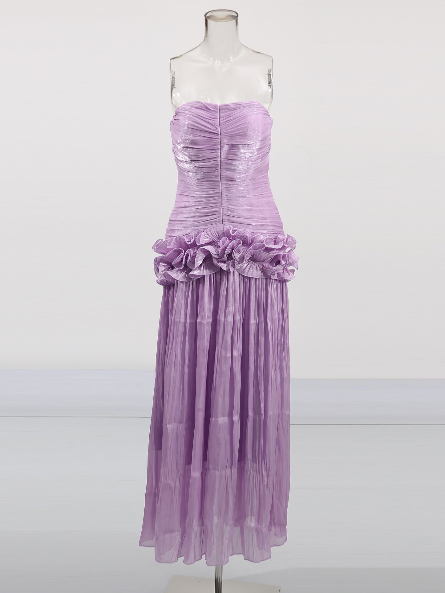 Elegant Lavender Strapless Maxi Dress with Ruffled Detail
