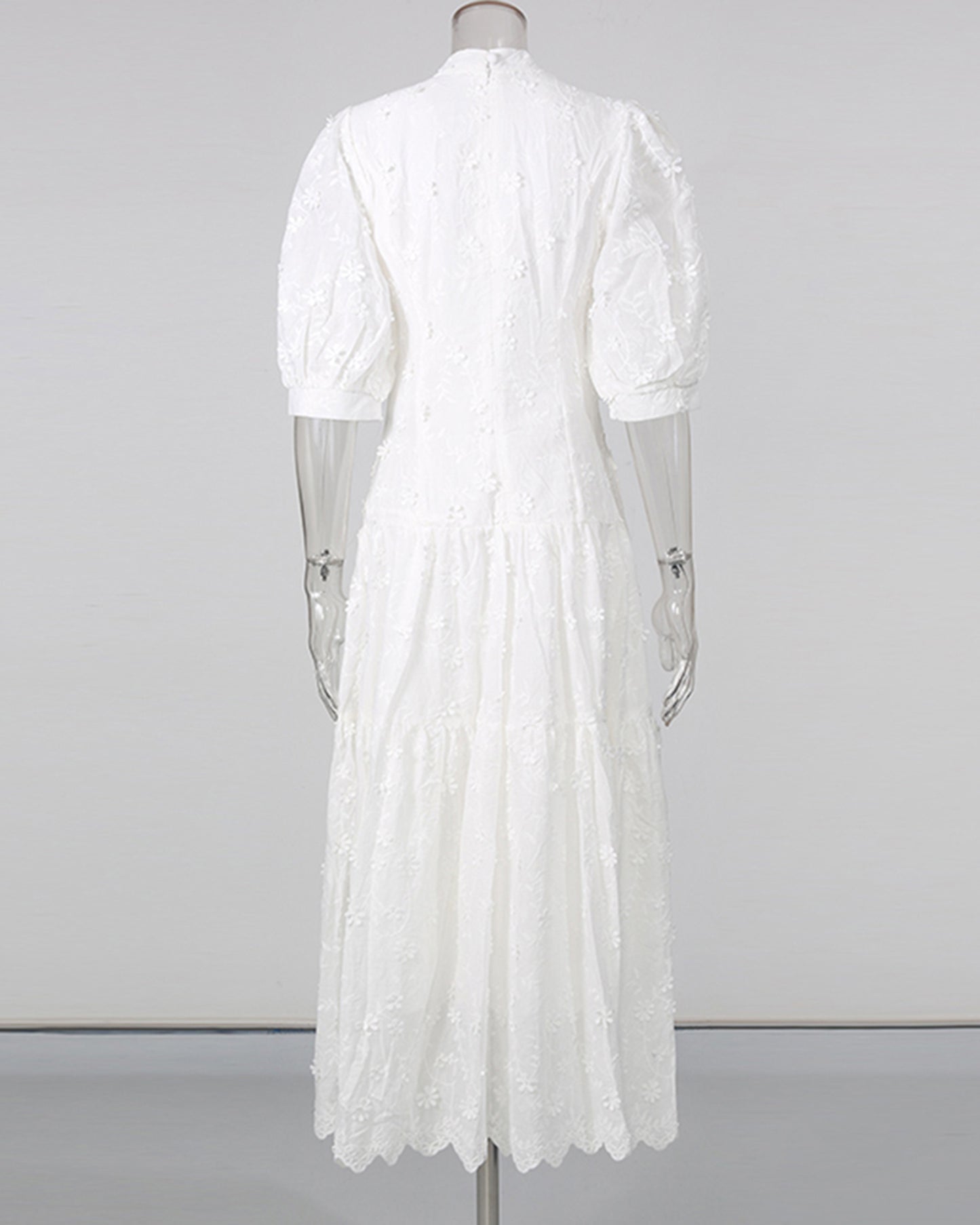 White 3D Floral Puff Sleeve Maxi Dress