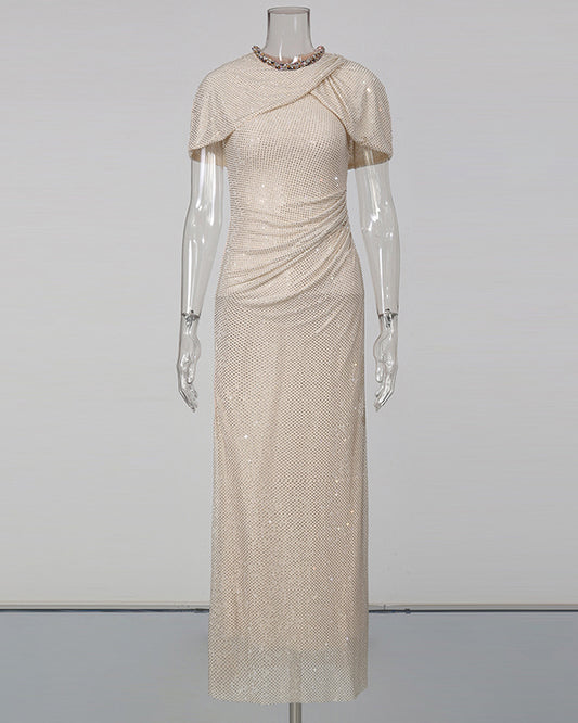 Apricot Rhinestone Ruched Mermaid Maxi Dress