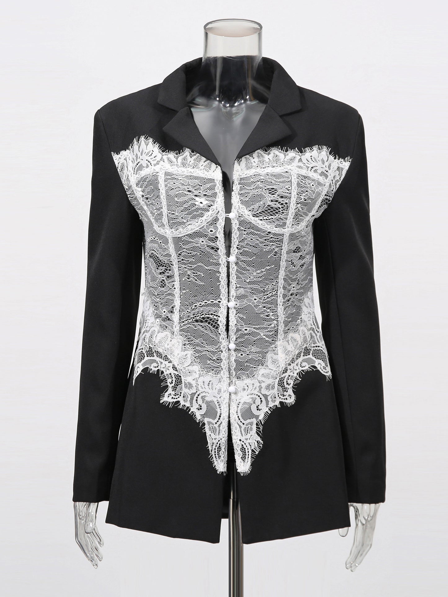 Edgy Black Blazer with White Lace Corset Detail