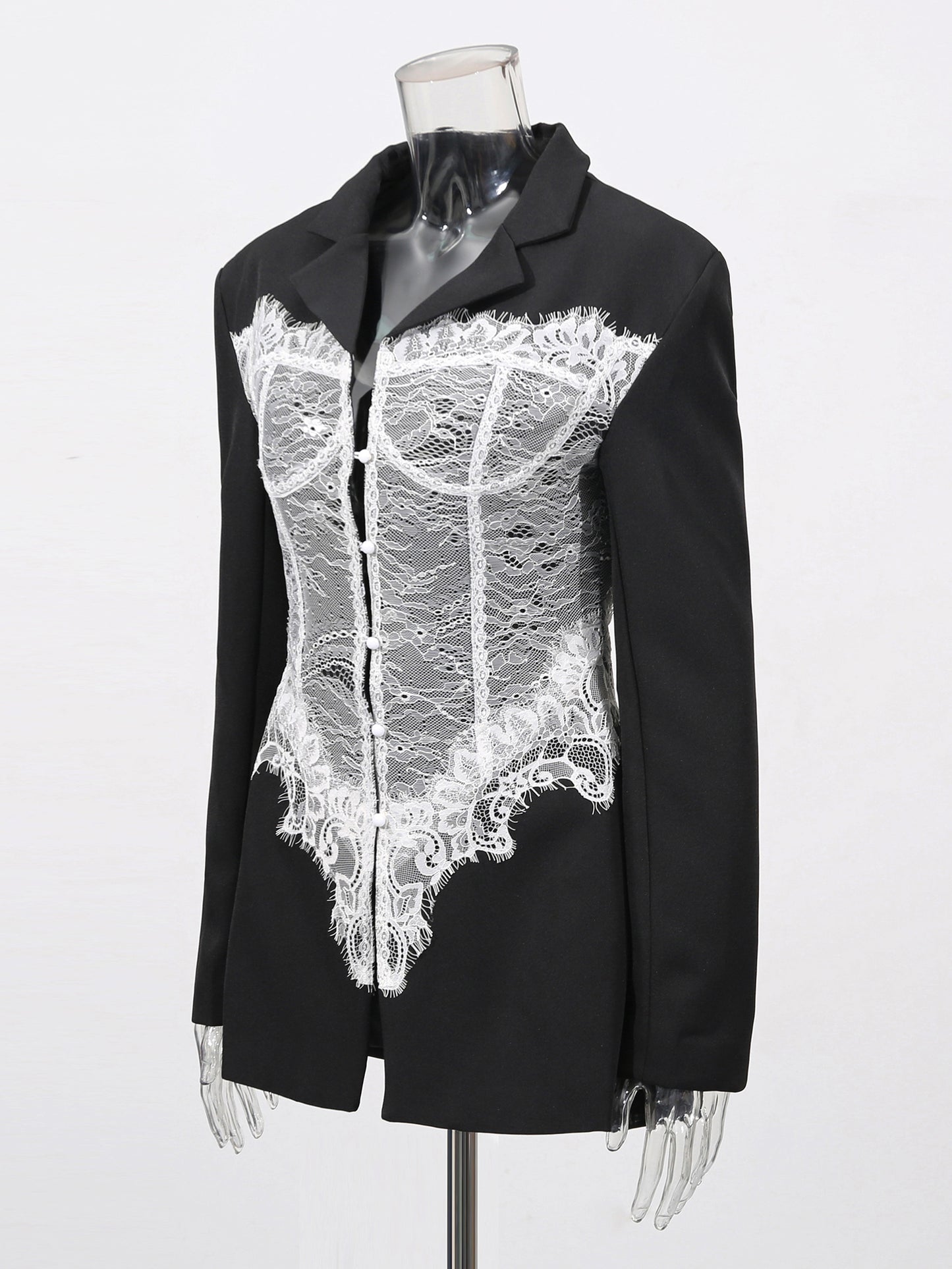 Edgy Black Blazer with White Lace Corset Detail