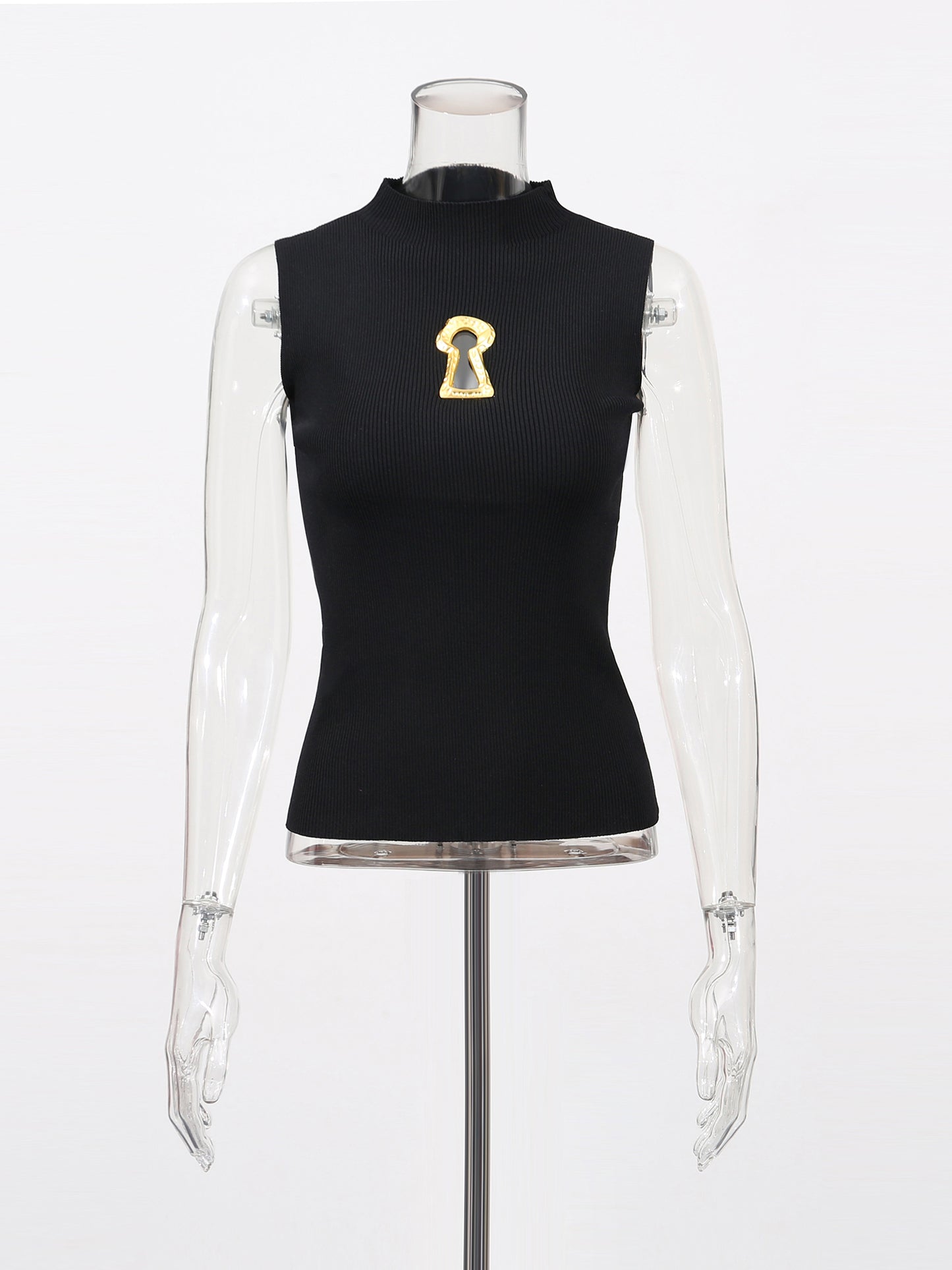 Stylish Black Sleeveless Top with Gold Keyhole Embellishment
