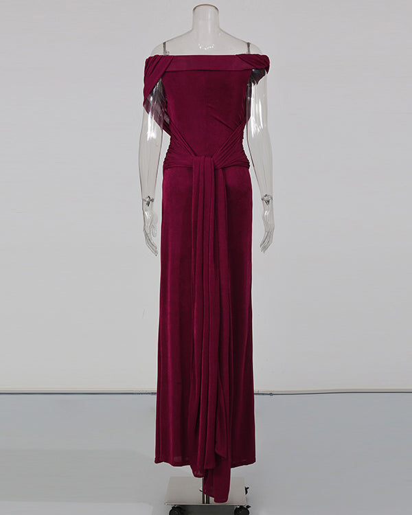 Red Pleated One-Shoulder Mermaid Evening Gown