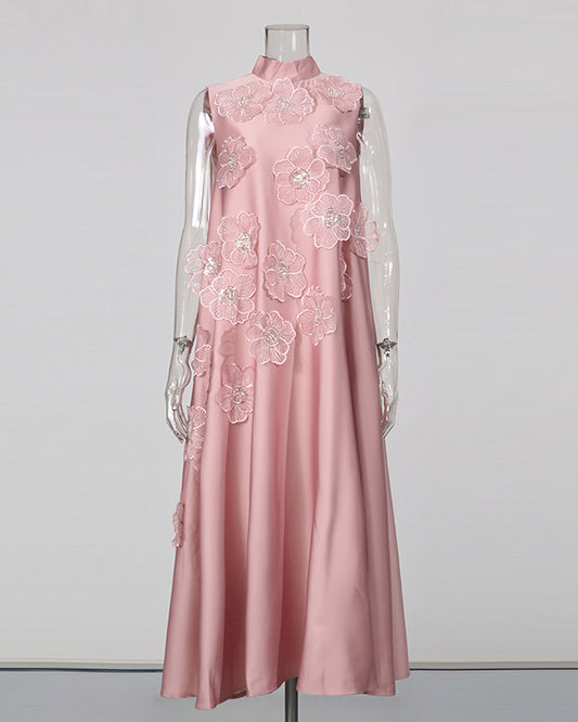 Pink Sleeveless Midi Dress with Floral Lace & Pearl