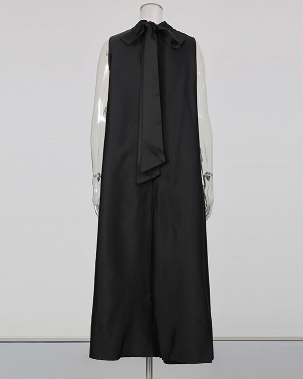 Black Sleeveless Midi Dress with Floral Lace & Pearl