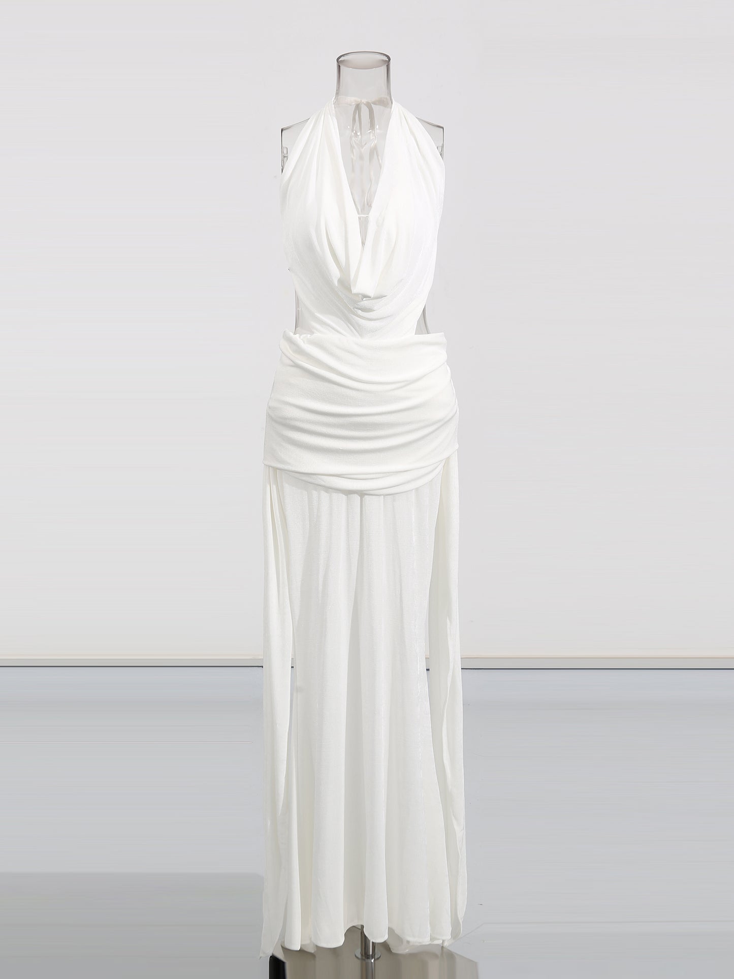 Elegant White Halter Neck Draped Maxi Dress.