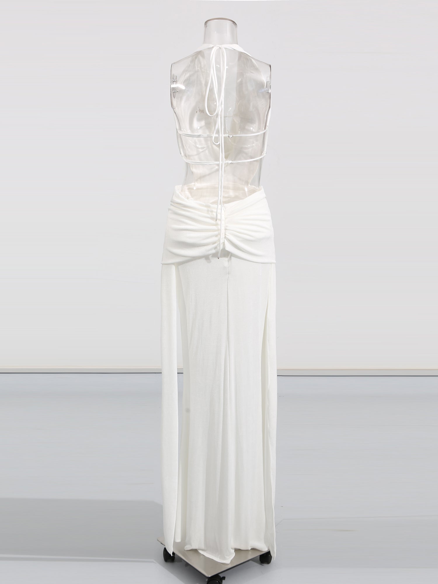 Elegant White Halter Neck Draped Maxi Dress.