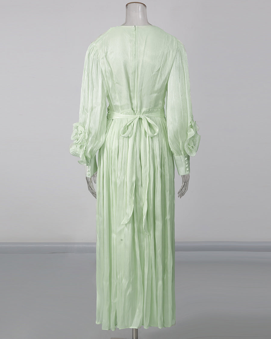Green 3D Floral Ruched Waist Maxi Dress